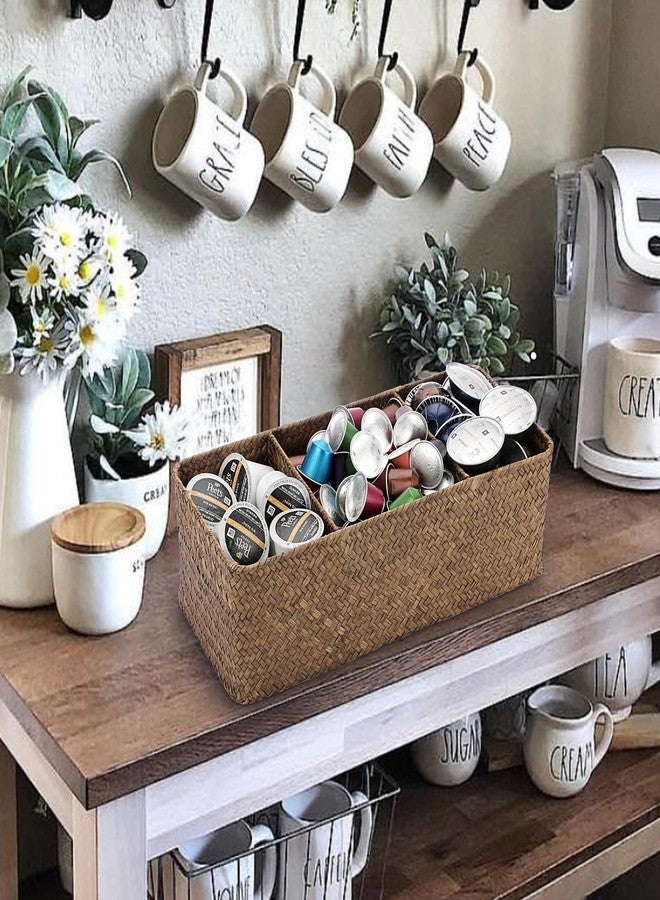 ELLDOO Coffee Pod Holder, Large Capacity Coffee Pod Organizer for K Cup Nespresso Pods, Hand-Woven Seagrass Storage Basket, 3-Section Wicker Baskets for Shelves Closets, Coffee - Image 5